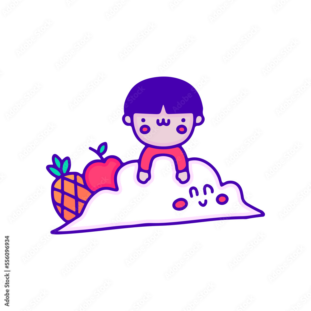 Kawaii kid with cloud, pineapple, and apple fruit, illustration for t-shirt, sticker, or apparel merchandise. With modern pop and retro style. Kawaii kid with cloud, pineapple, and apple fruit, illustration for t-shirt, sticker, or apparel merchandise. With modern pop and retro style.