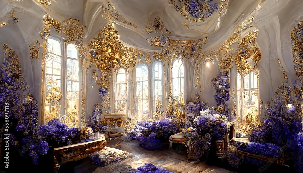 Obraz premium Fantasy scene of luxury golden and violet interior. Generative ai. 