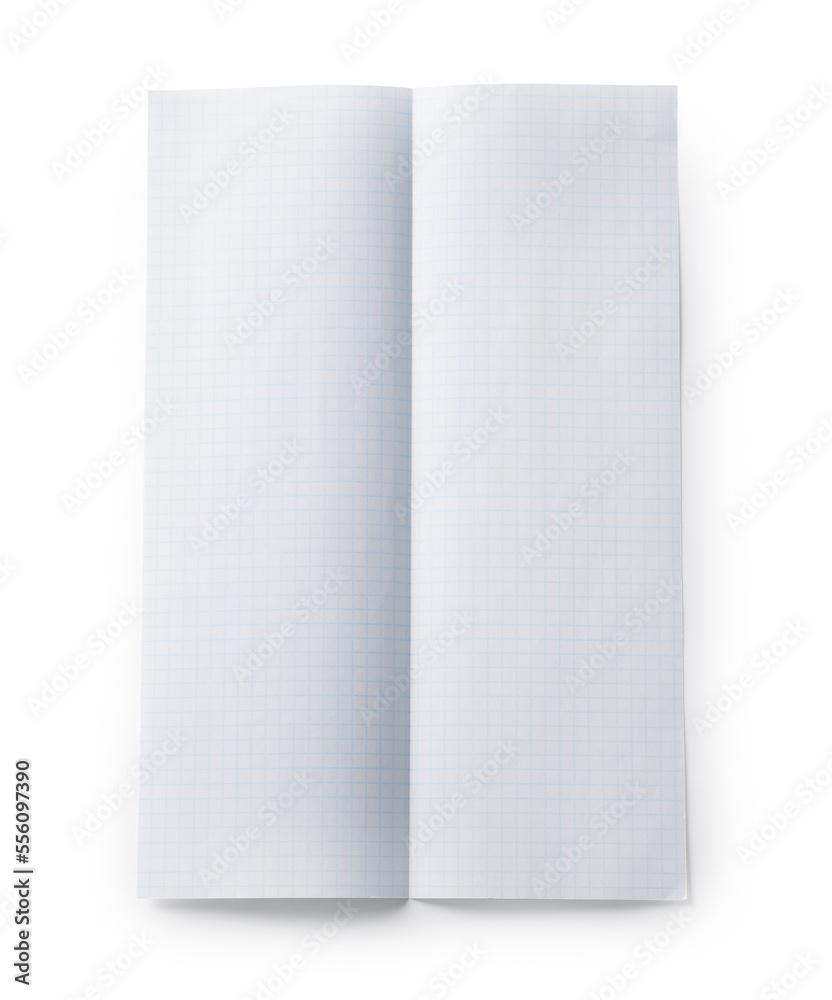 Checkered sheet of paper with crease on white background, top view Checkered sheet of paper with crease on white background, top view