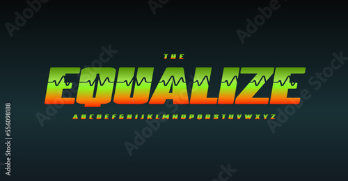 Bold italic font with sound pulse symbol, equalizer typeset, audio wave alphabet, voice frequency type. Music, talk, record graphic letters, vector typographic design