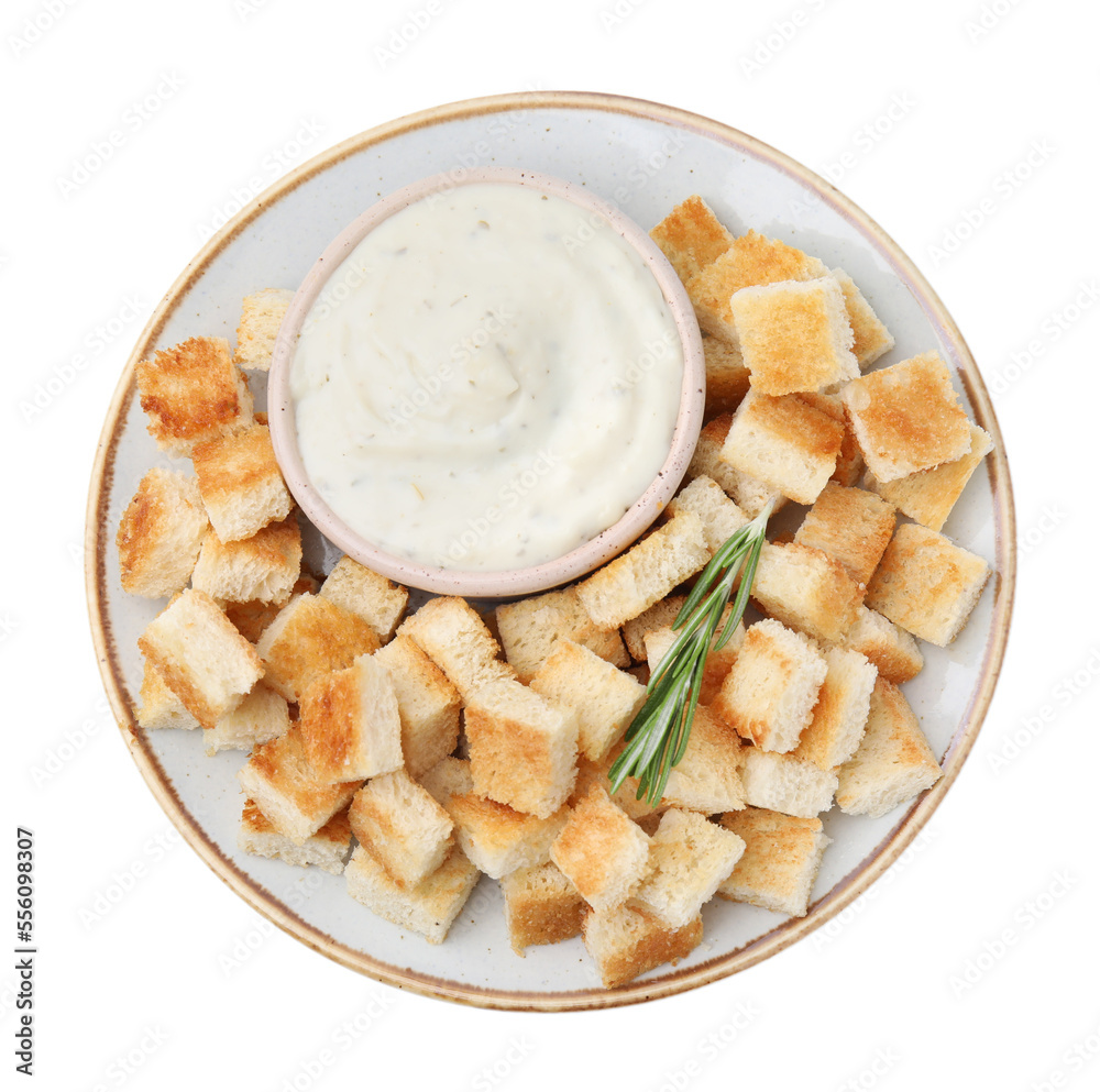 Delicious crispy croutons with rosemary and sauce on white background, top view Delicious crispy croutons with rosemary and sauce on white background, top view