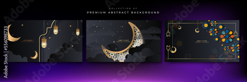 Luxury elegant black and gold ramadan background with mandala pattern moon crescent mosque cloud and border