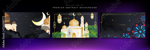 Luxury elegant black and gold ramadan background with mandala pattern moon crescent mosque cloud and border