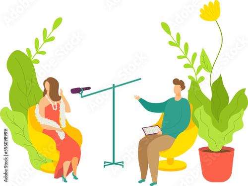 Broadcast talkshow record, people work at entertainment media vector illustration. Flat studio with man woman character speak at microphone.