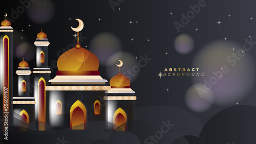 Luxury elegant black and gold ramadan background with mandala pattern moon crescent mosque cloud and border