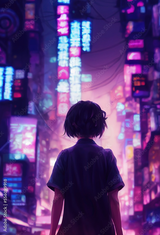 Illustration of a child looking  at a cyberpunk Tokyo's neon signs. Blue and pink neon lights lighten the foggy night. Advanced technological metropolis with a Blade Runner feeling.	
