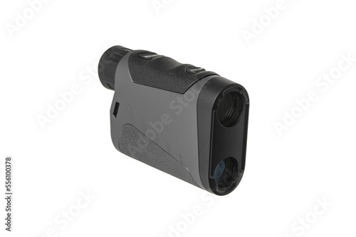 Modern electronic optical rangefinder. Portable device for measuring distance. Isolate on a white background.
