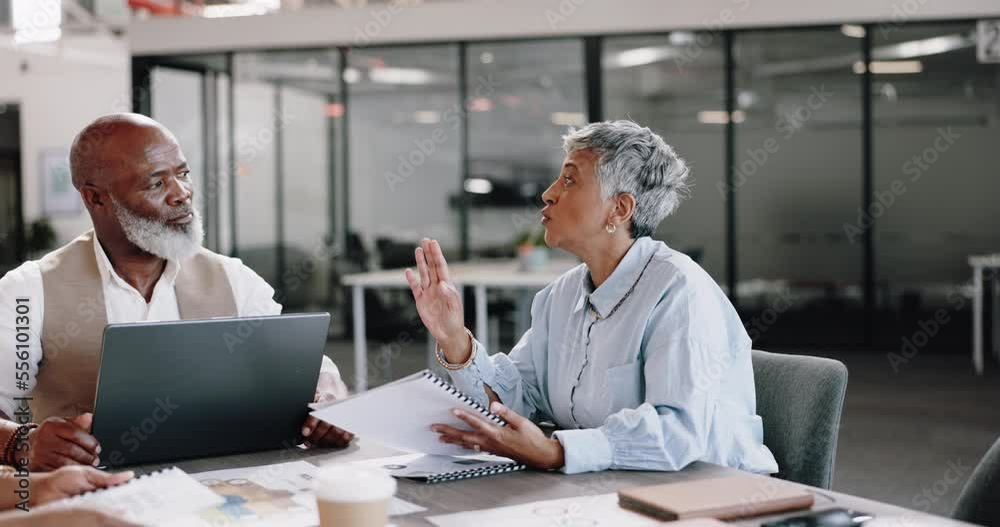 Laptop, documents and meeting with a business team in the boardroom for planning or strategy. Teamwork, collaboration and senior management with a man and woman group working on the company vision