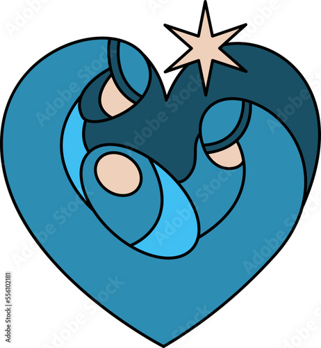 Vector color Christmas Christian religious Nativity Scene of baby Jesus with Mary, Joseph and star in form of heart. Logo icon sketch. Doodle hand drawn illustration