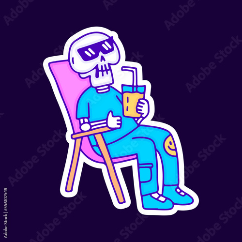Skull chill out and drink cartoon, illustration for t-shirt, sticker, or apparel merchandise. With modern pop and retro style.