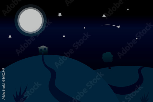 Meadow at night fairytale illustration moon house and stars