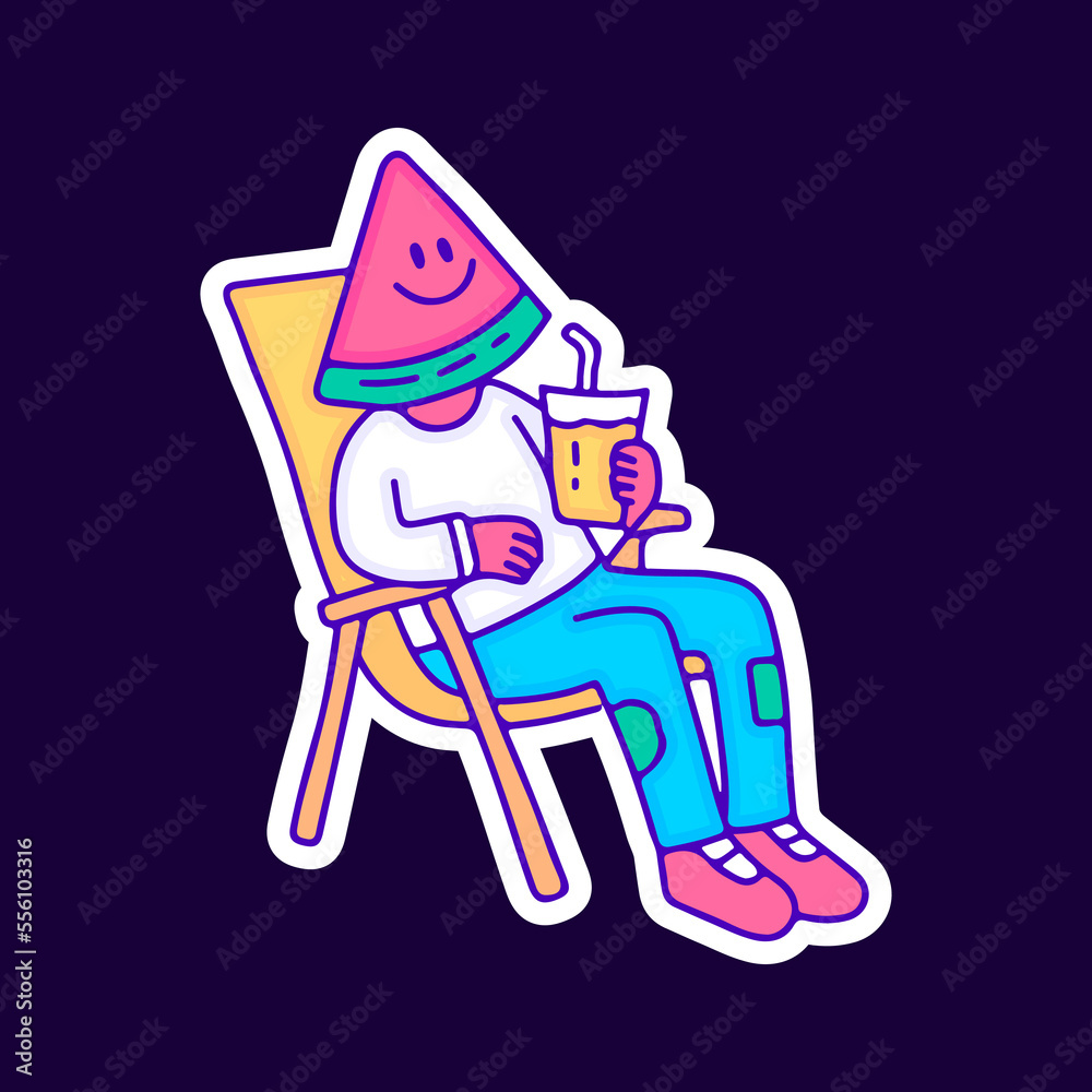 Watermelon character chill out and holding drink cartoon, illustration for t-shirt, sticker, or apparel merchandise. With modern pop and retro style. Watermelon character chill out and holding drink cartoon, illustration for t-shirt, sticker, or apparel merchandise. With modern pop and retro style.