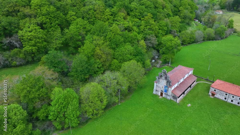 Aerial view from a drone of the surroundings of the Sanctuary of Valvanuz. Selaya. Pasiegos Valleys. Cantabria. Spain. Europe Aerial view from a drone of the surroundings of the Sanctuary of Valvanuz. Selaya. Pasiegos Valleys. Cantabria. Spain. Europe