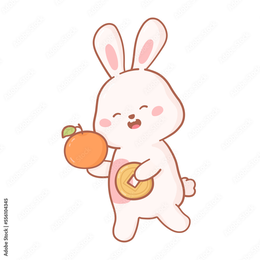 Rabbit with New Year Chinese gold coin and tangerine. Png, vector illustration cute bunny and CNY elements Rabbit with New Year Chinese gold coin and tangerine. Png, vector illustration cute bunny and CNY elements