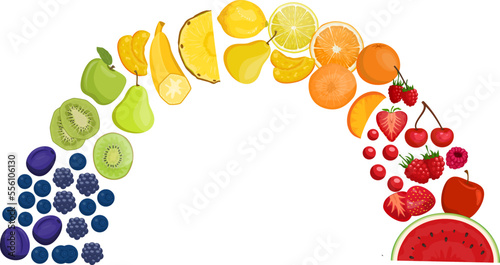 Fruit rainbow flat banners set, vector illustration. Bright juicy fresh fruit...