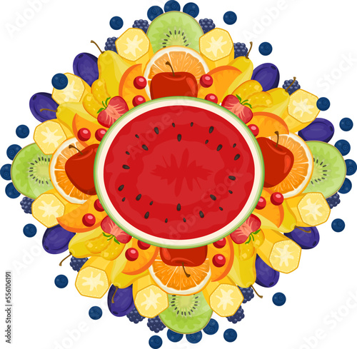 Fruit rainbow flat banners set, vector illustration. Bright juicy fresh fruit...