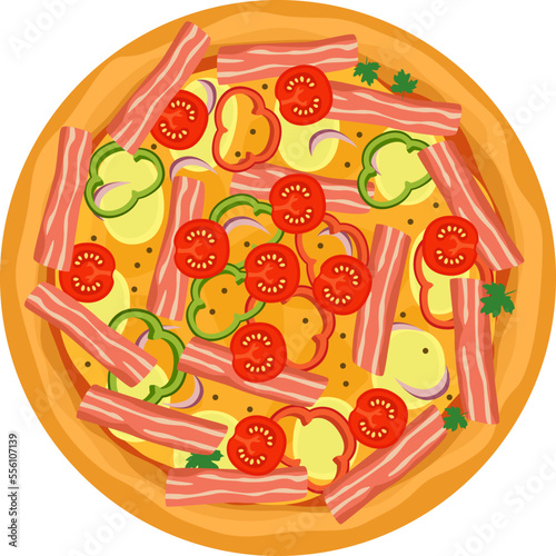Delicious pizza icon with vegetables, sausage and mozzarella vector illustration isolated on white. Hot fresh dinner menu from restaurant, label