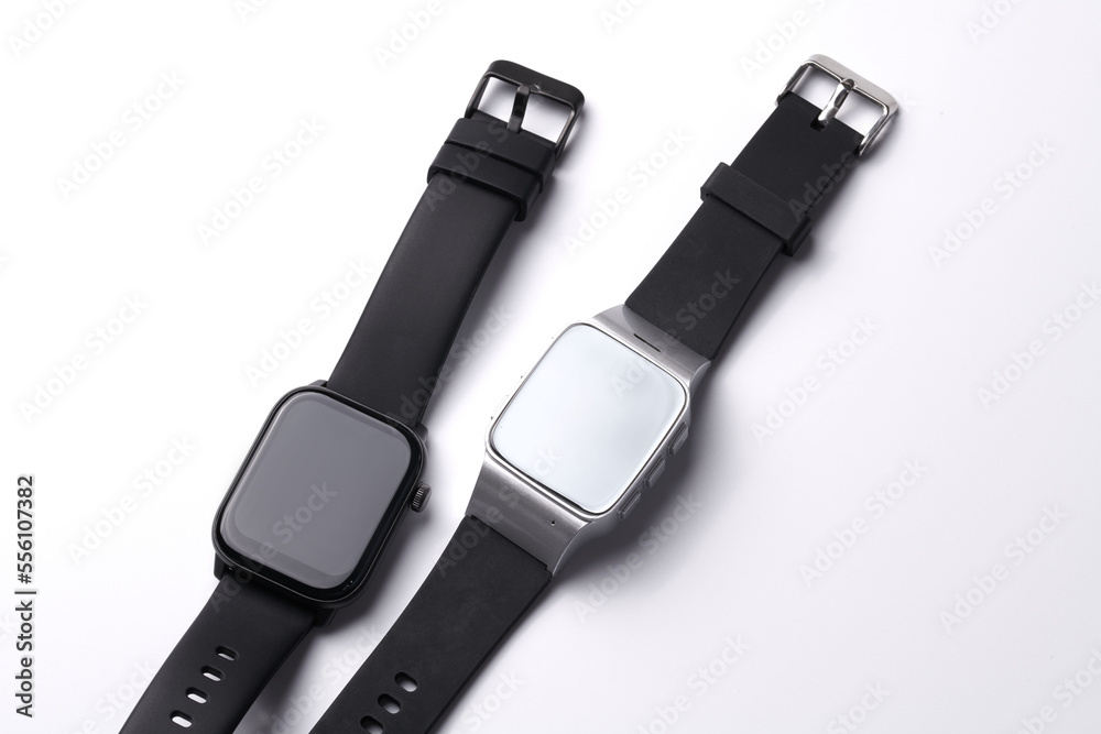 Wireless electronic smart watch with Touch Screen close-up isolated on white background. Bluetooth Bracelet, black band fitness tracker Wireless electronic smart watch with Touch Screen close-up isolated on white background. Bluetooth Bracelet, black band fitness tracker