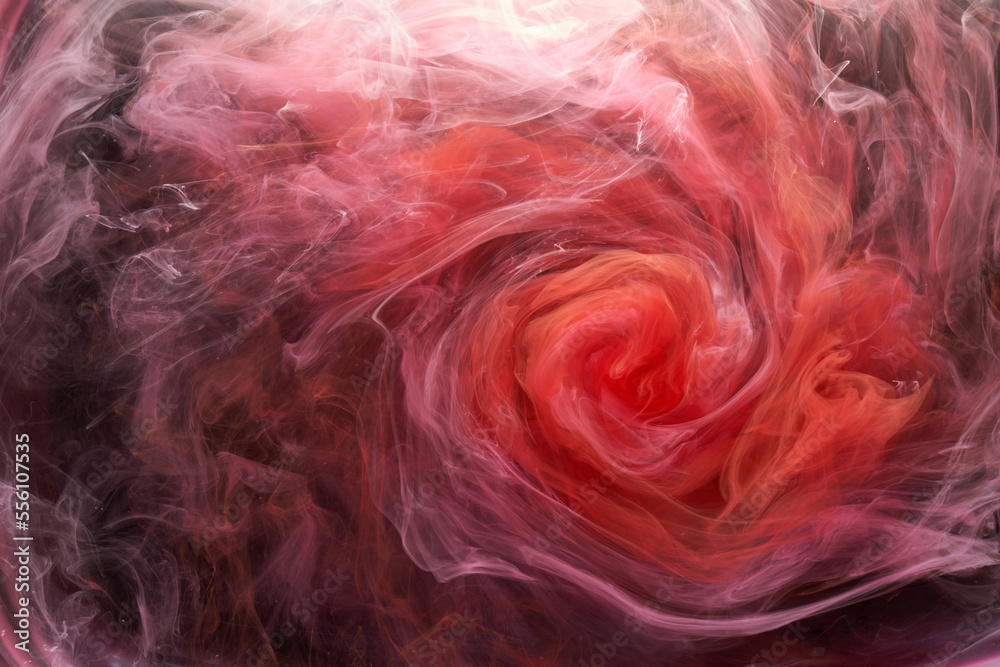 Red ink abstract background. Acrylic paint backdrop for perfume, hookah, cosmetics. Mysterious smoke clouds, colorful fog