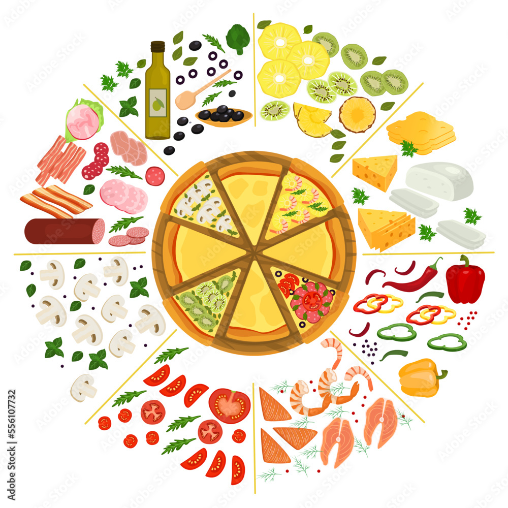Pizza topping ingredients cartoon collection, vector illustration. Pizza on wooden tray, delicious hot dinner at cartoon table. Pizza topping ingredients cartoon collection, vector illustration. Pizza on wooden tray, delicious hot dinner at cartoon table.