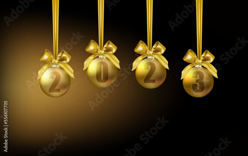 Four Christmas golden baubles or balls with inscription 2023 on dark background with copy space. Celebration winter x-mas and New Year holliday EPS10 Vector illustration