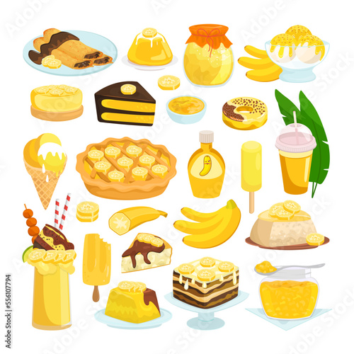 Sweet delicious homemade banana desserts collection cartoon elements, vector ...