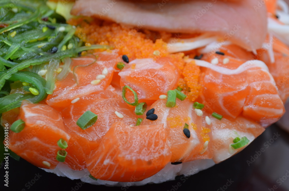 Japanese rice bowl with raw salmon and raw tuna on top
