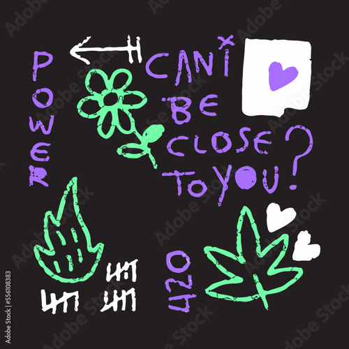 Modern street art graffiti, with fire, sunflower, marijuana leaf, aesthetic quote. Artwork for street wear, t shirt, posters, bomber jackets, hoodie, patchworks, enamel pins; for clothes.