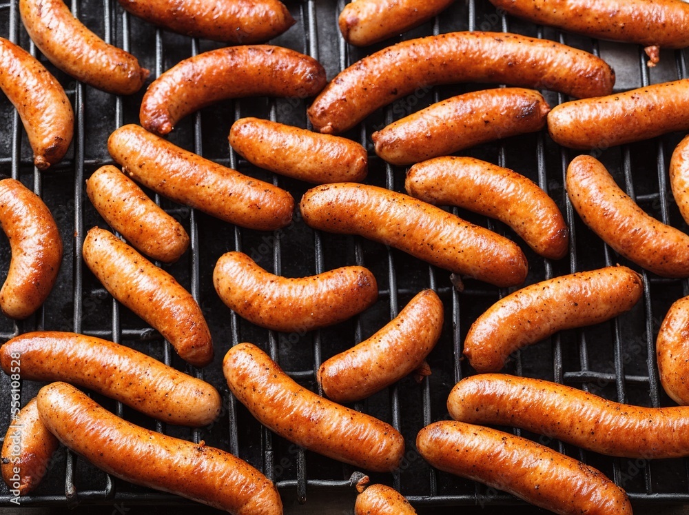 Fototapeta premium smoked sausages on a grill, food, sausage, meat, pork, sausages, barbecue, beef, grill, grilled, cooking