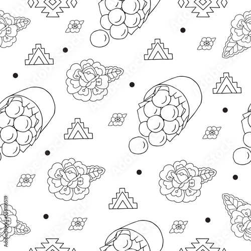 Latinamerican food linear black and white hand drawn seamless pattern