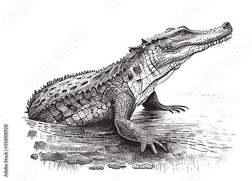 Crocodile sitting in the water hand drawn sketch Vector illustration.