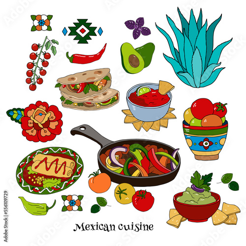 Set of dishes of latin american cuisine salsa, guacamole, fajita, burrito, tacos and vegetables isolated on white background
