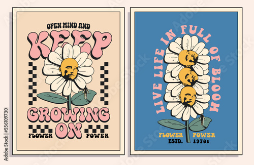 Vintage styled groove hippie poster or card or t-shirt graphic print with psychedelic flower with human face and inspirational slogans in retro colors. Vector illustration