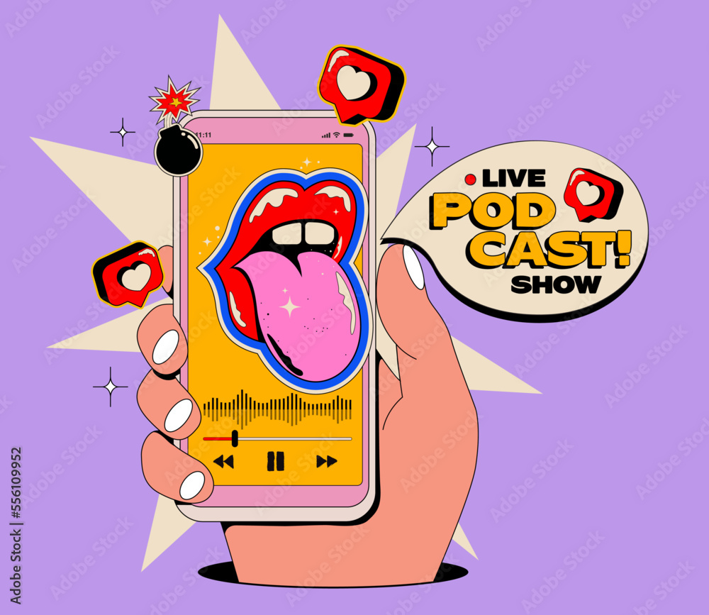 Podcast on smartphone online live radio show concept with hand holding  phone with funny mouth sticker on the screen and player interface in  cartoon style. Vector illustration Stock ベクター | Adobe Stock