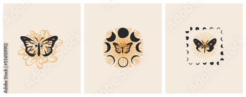 Hand drawn vector abstract graphic illustrations celestial design concept with logo magic line silhouette set of mystic flying butterfly,moth,sun and moon phase isolated. Magic drawing butterfly icon.