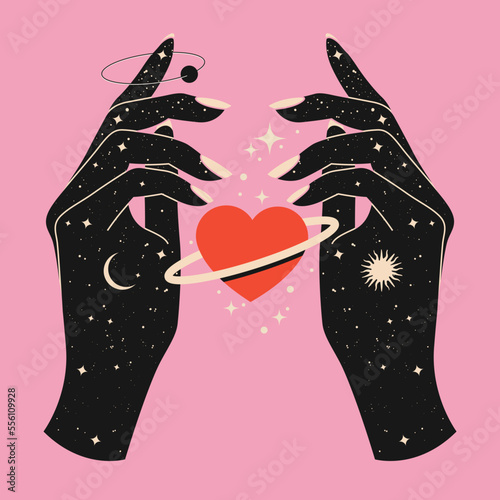 Billede på lærred Mystical celestial woman hands with starry space texture and red heart between them as metaphor of love or hope