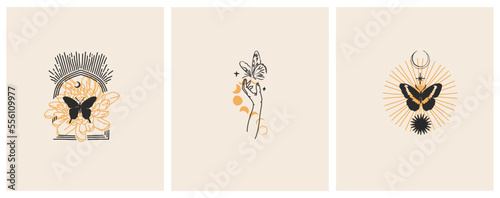 Hand drawn vector abstract graphic illustrations celestial design concept with logo magic line silhouette set of mystic flying butterfly,moth,sun and moon phase isolated. Magic drawing butterfly icon.