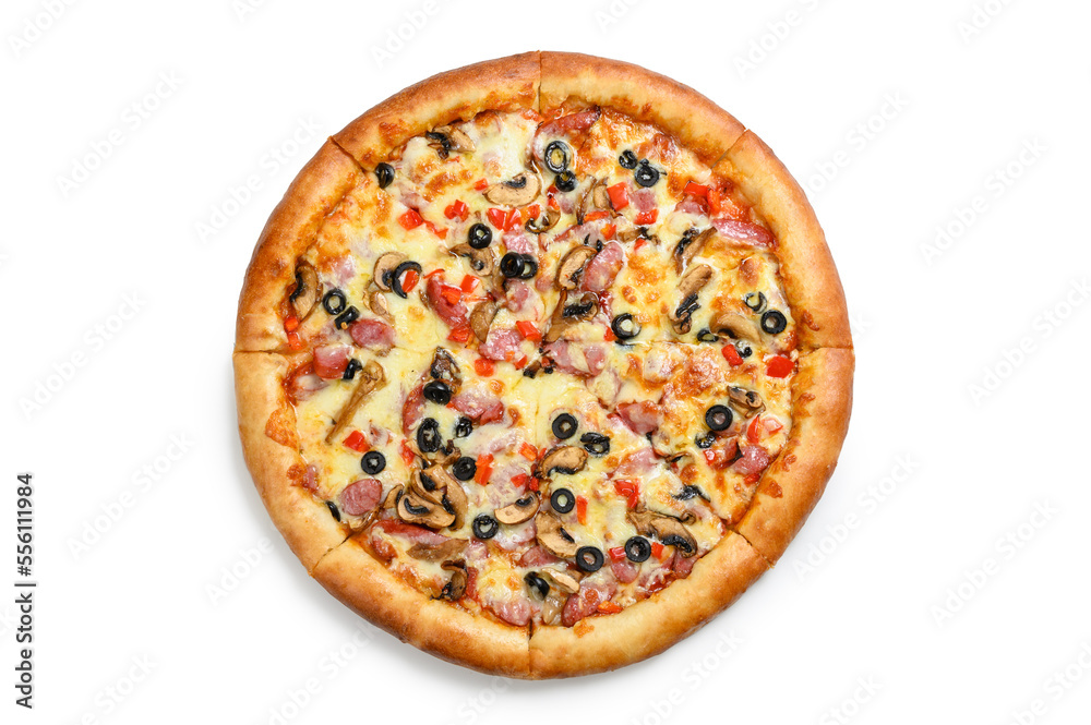 Fresh pizza on a white background. View from above