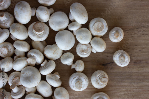 White champignons, fresh mushrooms on the table.