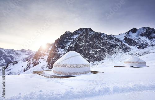 Yurt nomadic house hotel complex in Kazakhstan Mountains photo