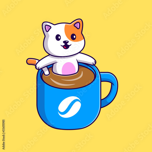 Cute Cat In Coffee Cup Cartoon Vector Icons Illustration. Flat Cartoon Concept. Suitable for any creative project.