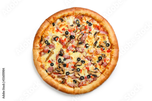 Fresh pizza on a white background. View from above