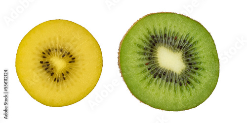 Yellow and green kiwi fruit slice on a white background. Bio fresh fruits.