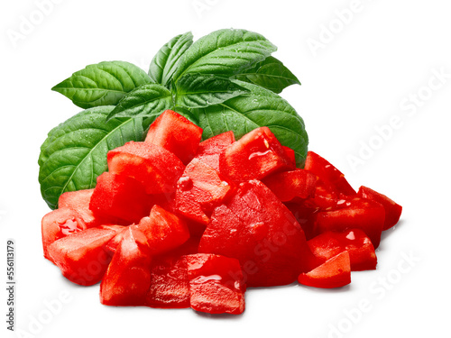 Chopped peeled tomato with basil, a  pile of, isolated png