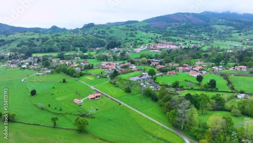 Aerial view from a drone of the Pas river in the surroundings of Corvera de Toranzo. Municipality of Corvera de Toranzo. Toranzo Valley. Pas-Miera region. Cantabria. Spain. Europe photo