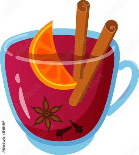 A cup of mulled wine with  spices. Vector color isolated illustration.
