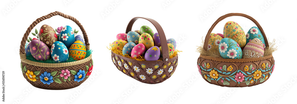 Basket with hand painted Easter Eggs on transparent or white background, ornate april holiday with Easter flowers and beautiful colors
