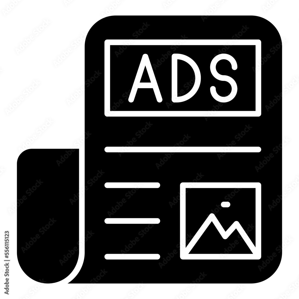 A glyph design icon of content ads A glyph design icon of content ads