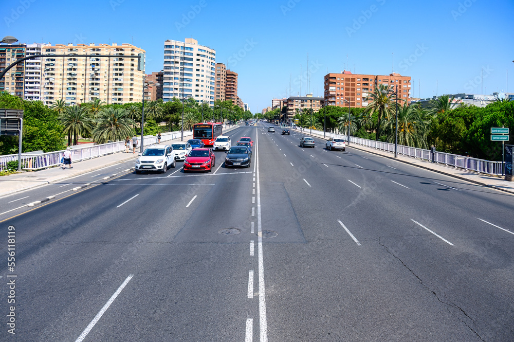 Cityscape with a modern avenue in Valencia city, Spain