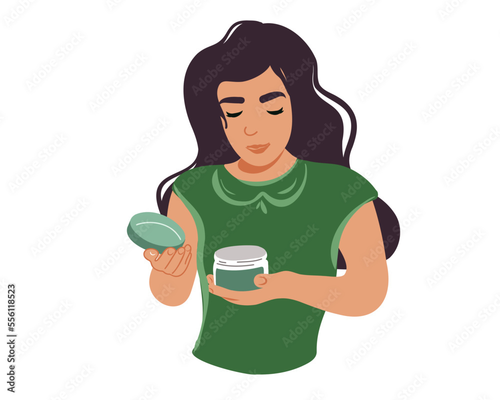 A woman opens a jar of cosmetics. Body care. Self care. Flat vector illustration A woman opens a jar of cosmetics. Body care. Self care. Flat vector illustration
